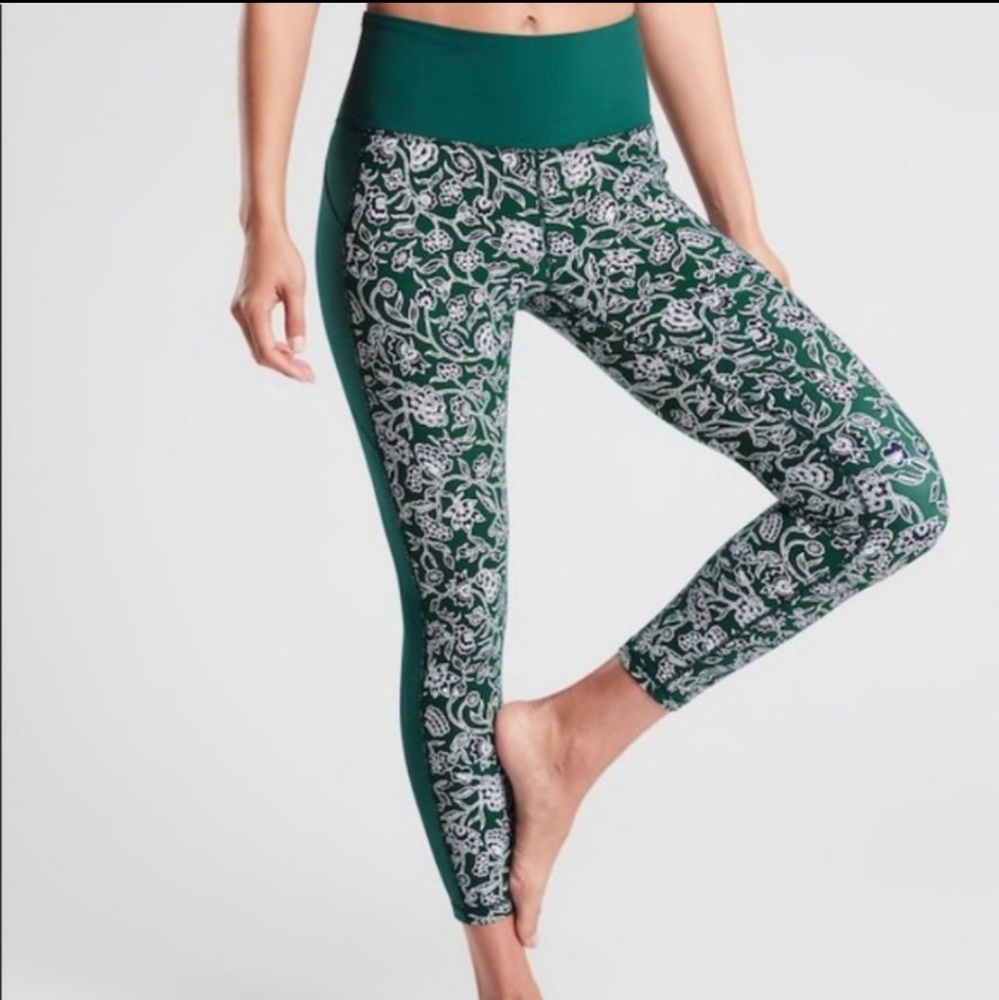 Athleta affirmation 7/8 kamala yoga leggings green white paisley floral‎